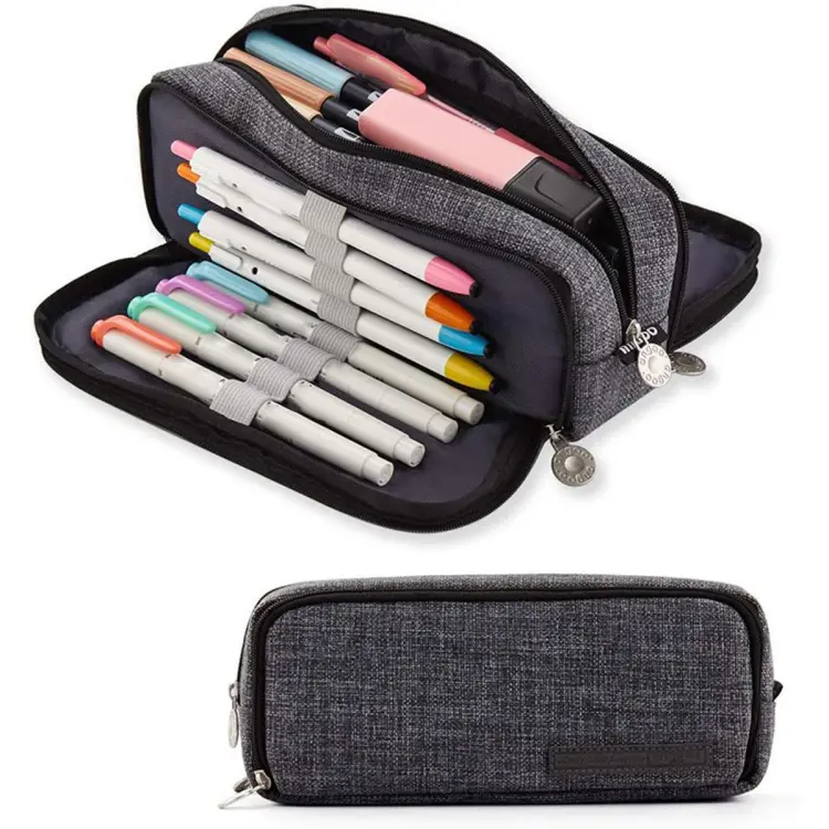ANGOO Pencil Case Big Capacity 3 Compartments Canvas for Students